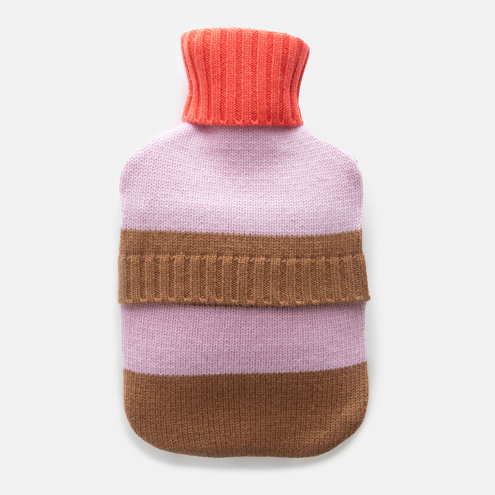 knitted merino wool hot water bottle in brown & lilac wide stripe with coral orange contrast neck