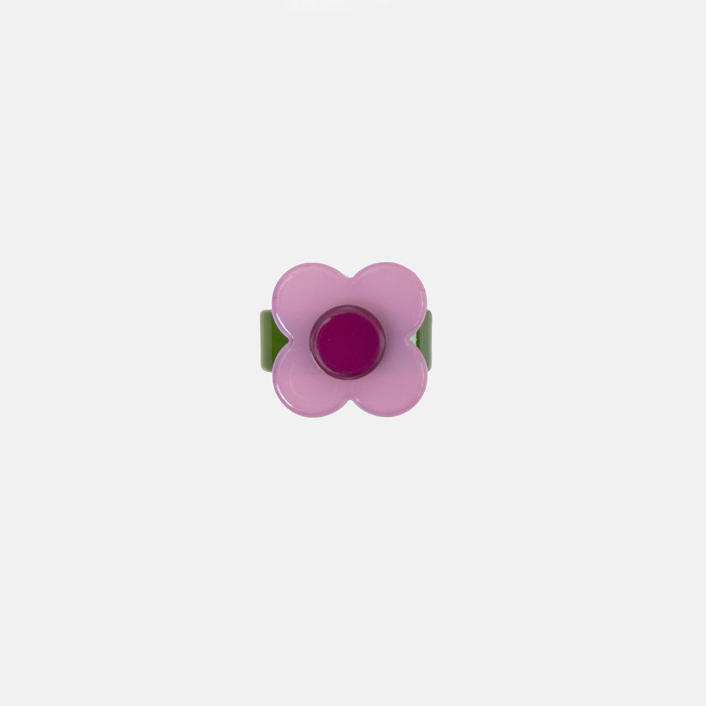ring with lilac/purple flower on a green ring