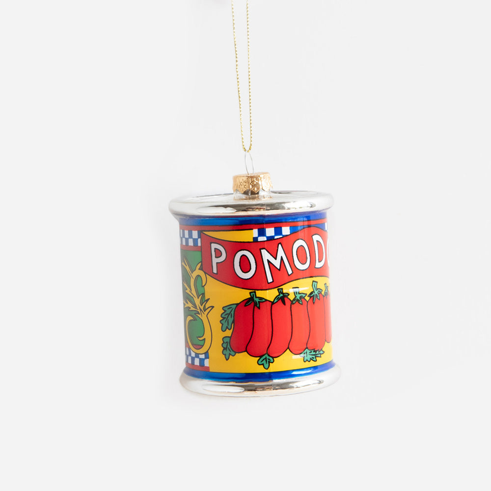 decorative tin of Pomodoro tomatoes hanging Christmas tree decoration in bright yellow, red and blue
