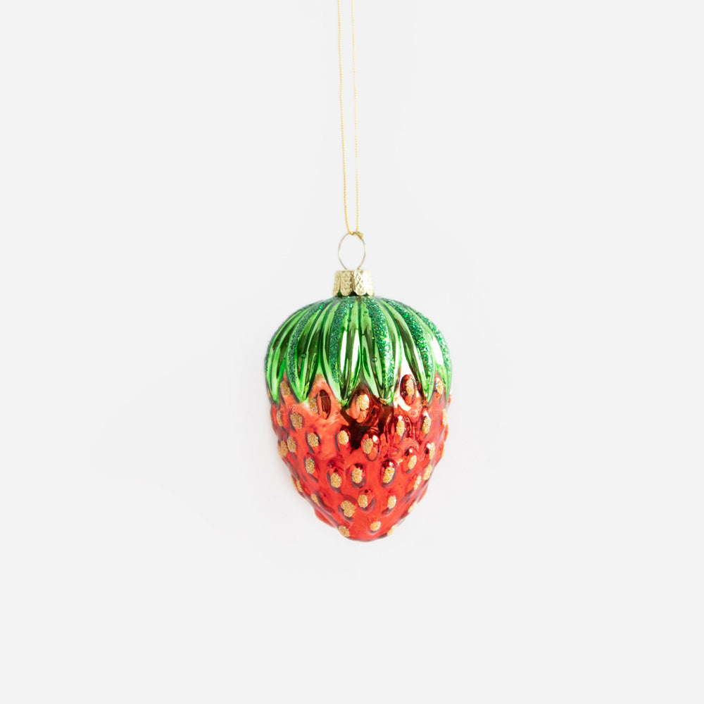 strawberry hanging christmas tree decoration in red with green leaves on top