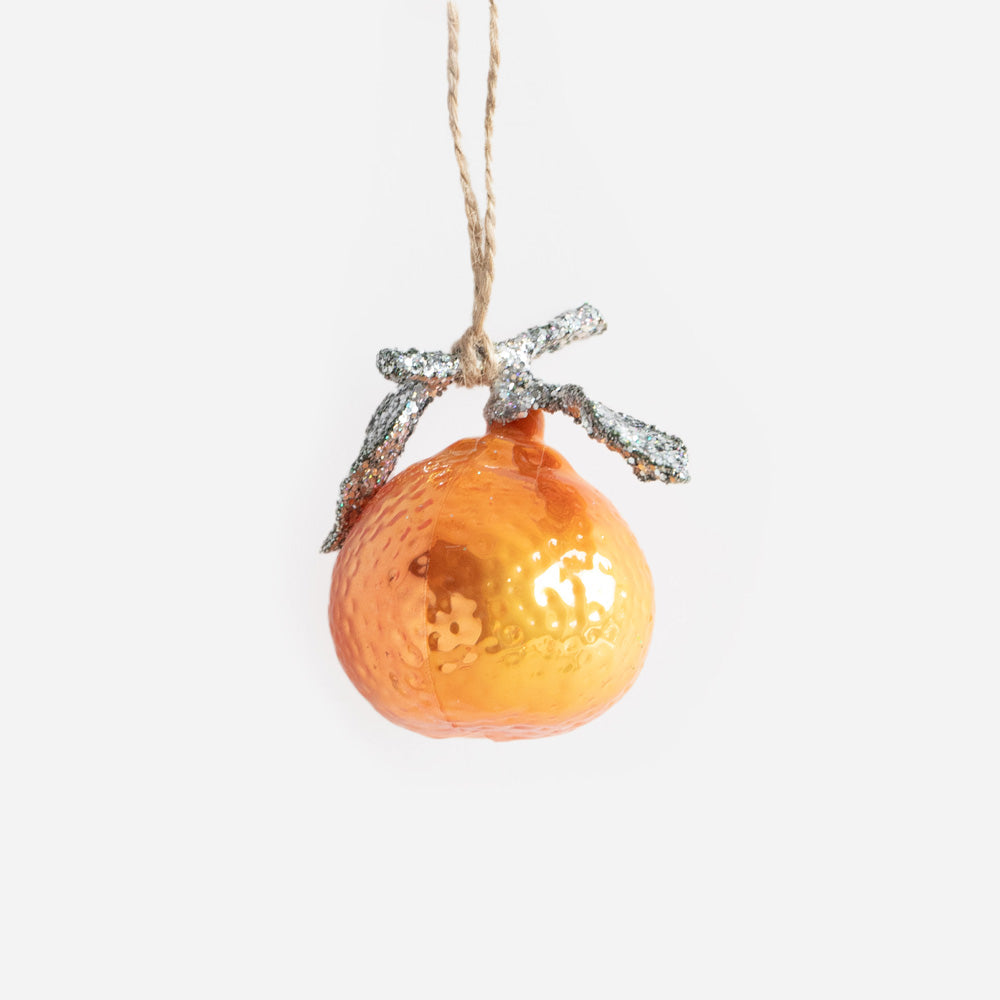 orange tangerine hanging christmas tree decoration with sparkly silver leaves