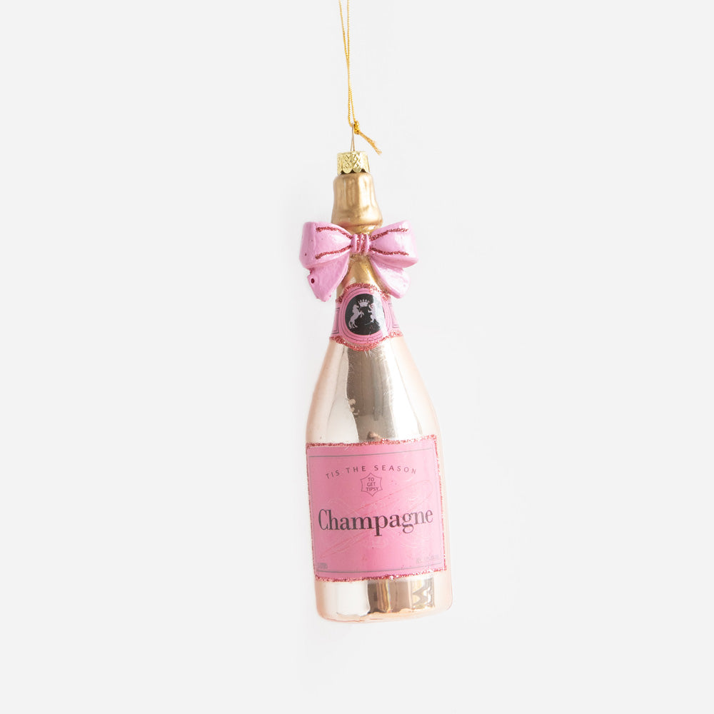 pink champagne bottle with bow hanging Christmas tree decoration