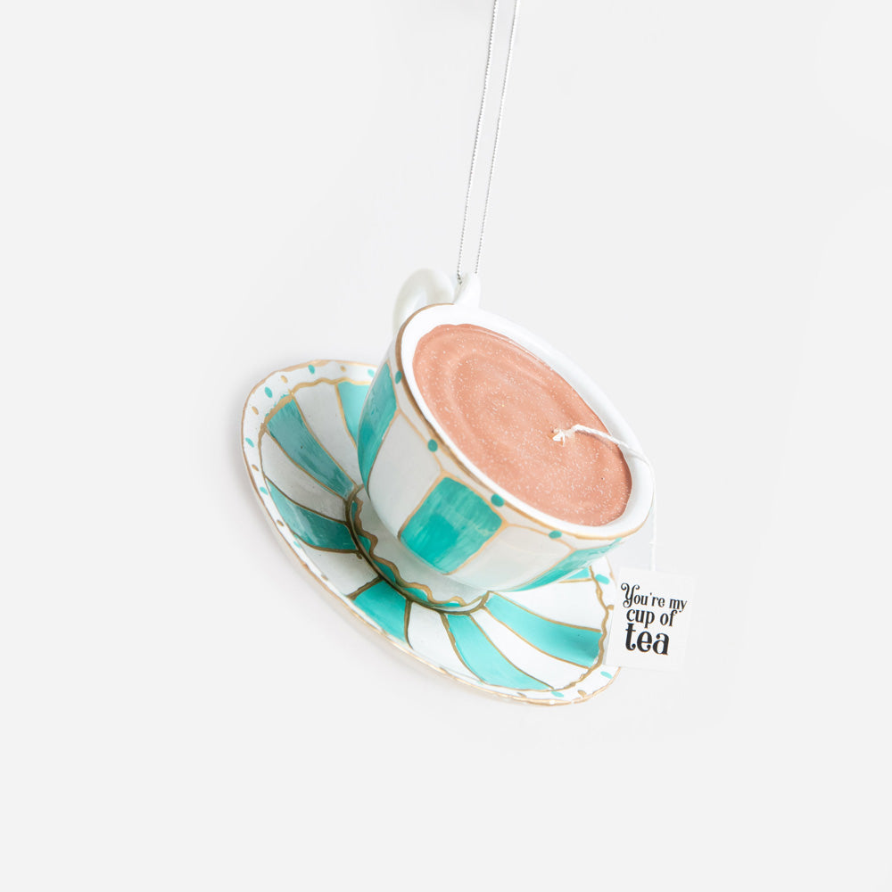 blue stripy cup of tea and saucer with tag and words you're my cup of tea hanging christmas tree decortion