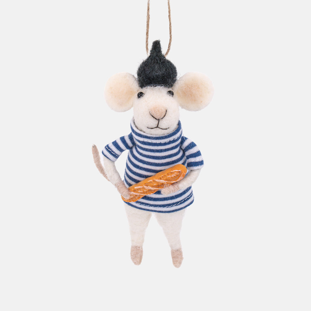 felt mouse hanging christmas tree decoration wearing a striped sweater and holding a baguette, hanging on a white background