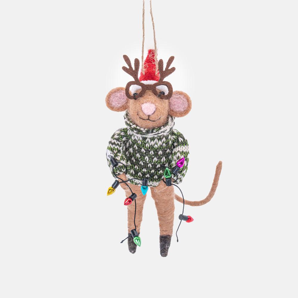 felt mouse hanging christmas tree decoration with christmas jumper, santa hat, reindeer glasses and colourful string of lights