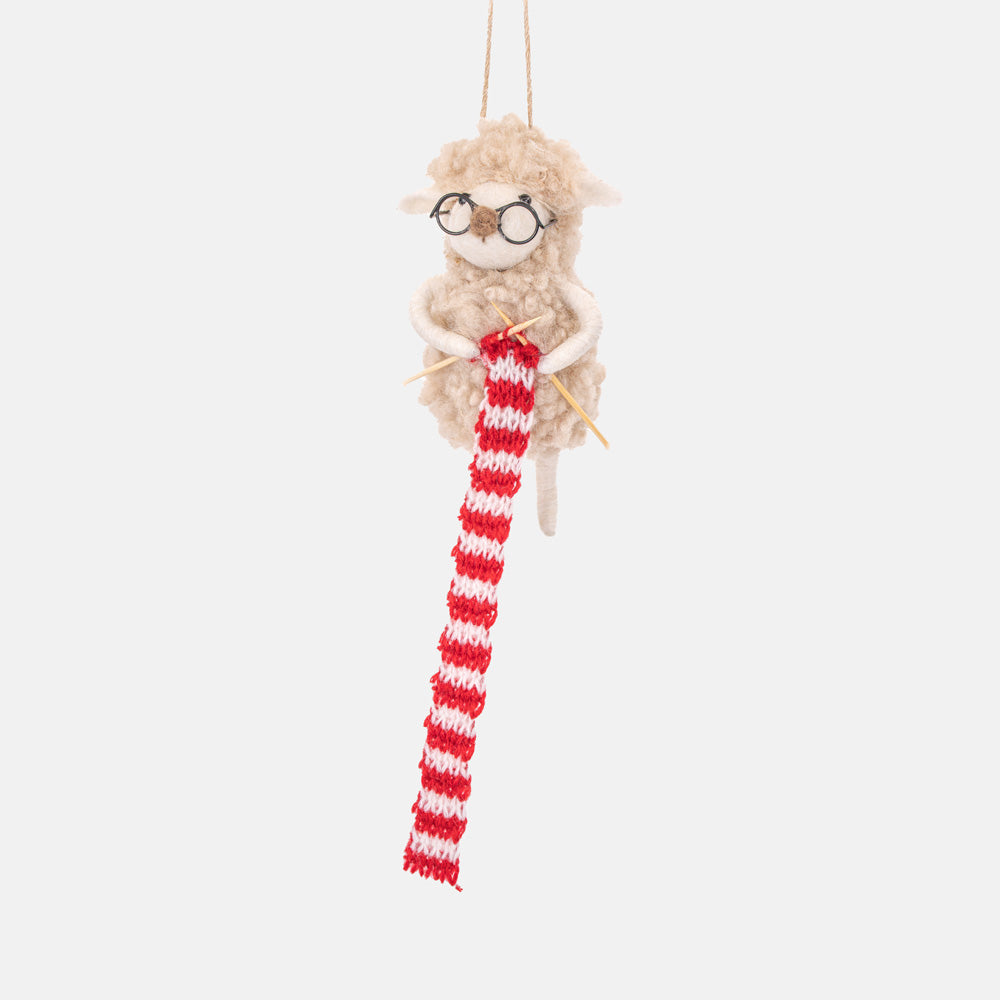 sheep in glasses knitting a long red stripy scarf hanging christmas tree decoration