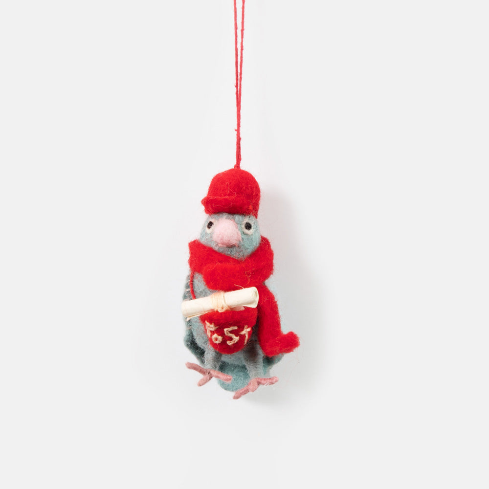 hand made wool pigeon in a red hat and scarf and with a postbag and scroll hanging Christmas tree decoration. 