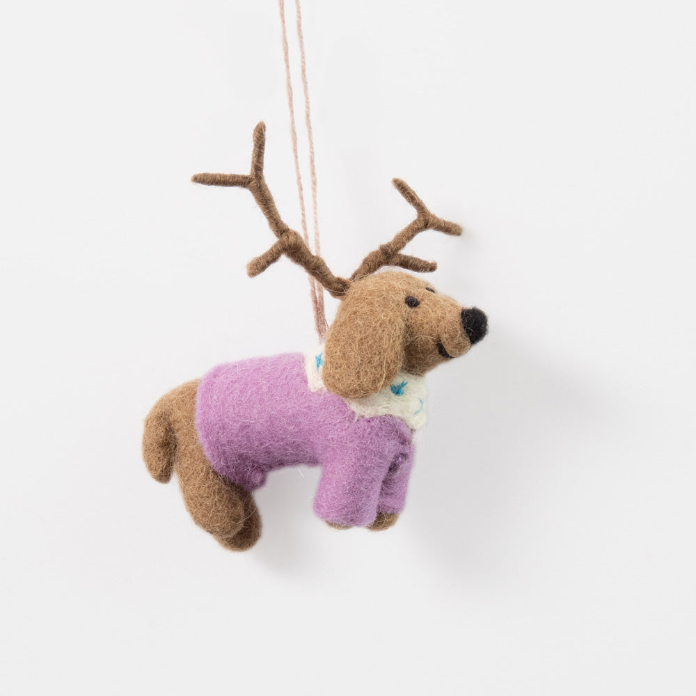 hand made wool sausage dog in a lilac jumper and antlers hanging Christmas tree decoration