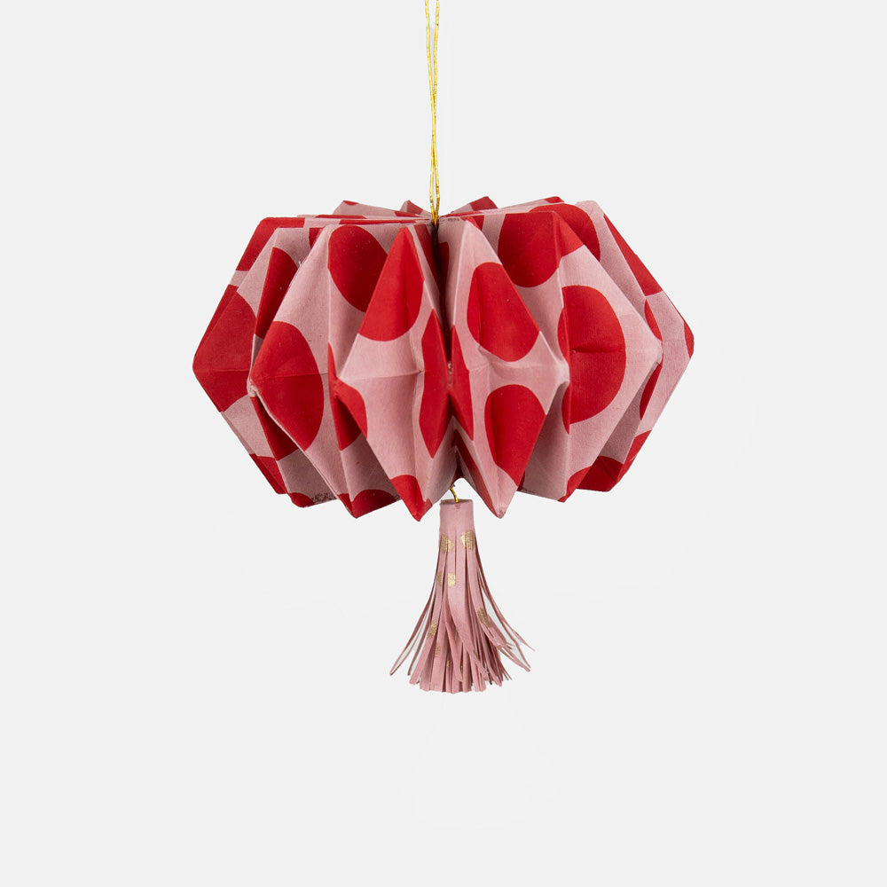 paper origami lantern hanging christmas decoration i pink with red spots