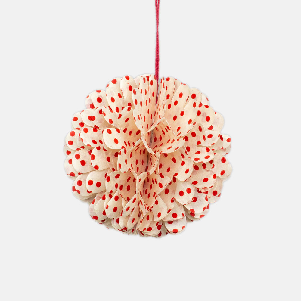 paper flower hanging christmas decoration in white with red polka dots 