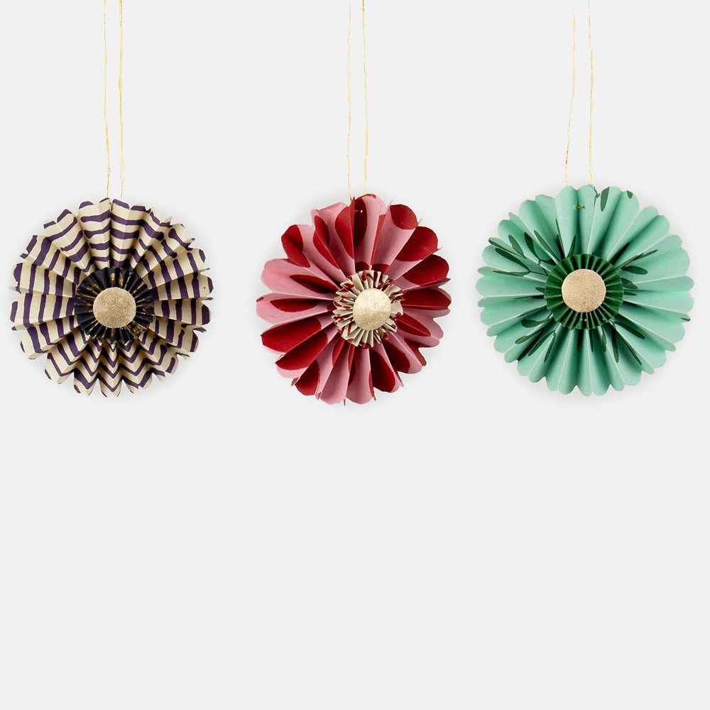 set of 3 paper flower hanging christmas decorations in navy blue, red & pink and green