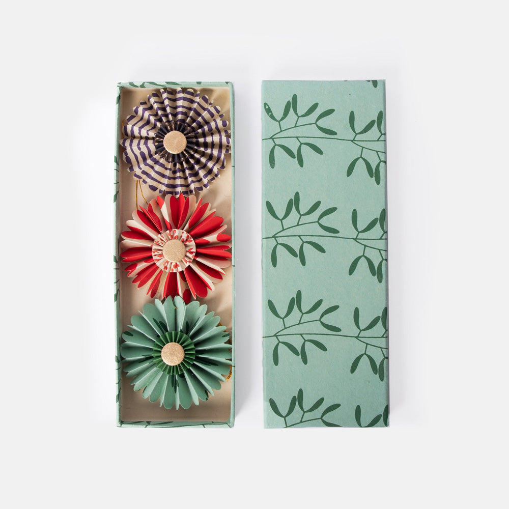 set of 3 paper flower hanging christmas decorations in navy blue, red & pink and green in a presentation box