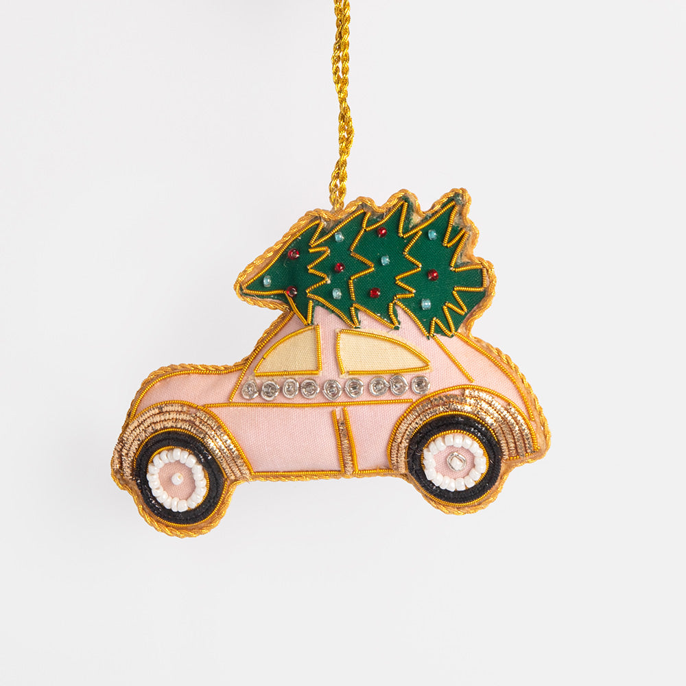 pink car with tree on top hanging Christmas tree decoration with glass beads and gold embroidery detail 
