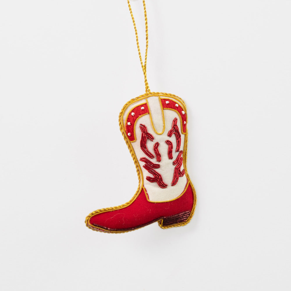 Red & white cowboy boot hanging christmas tree decoration with gold trim