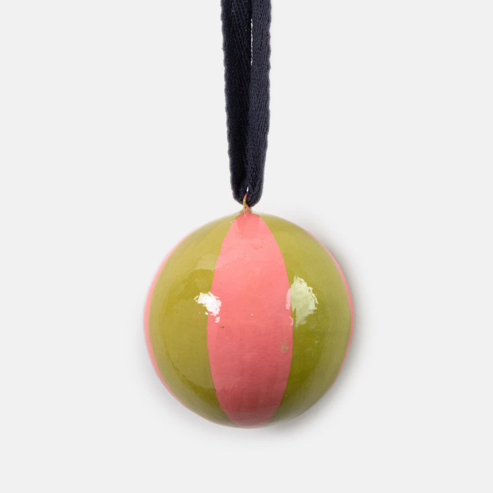pink & moss green stripe hanging christmas tree bauble with navy cotton hanging loop