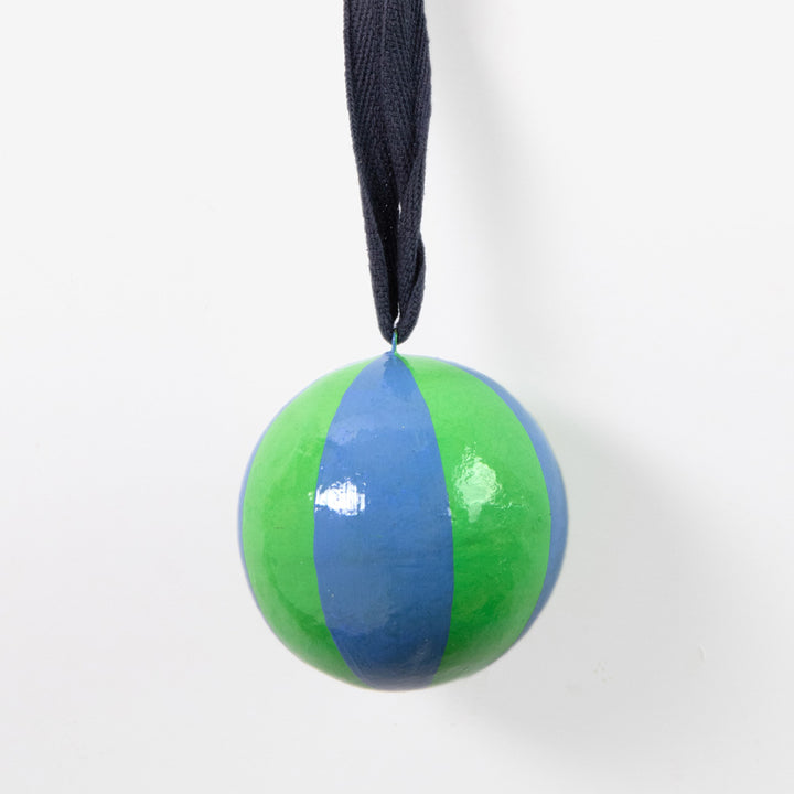 blue & green stripe hanging christmas tree bauble with navy cotton hanging loop