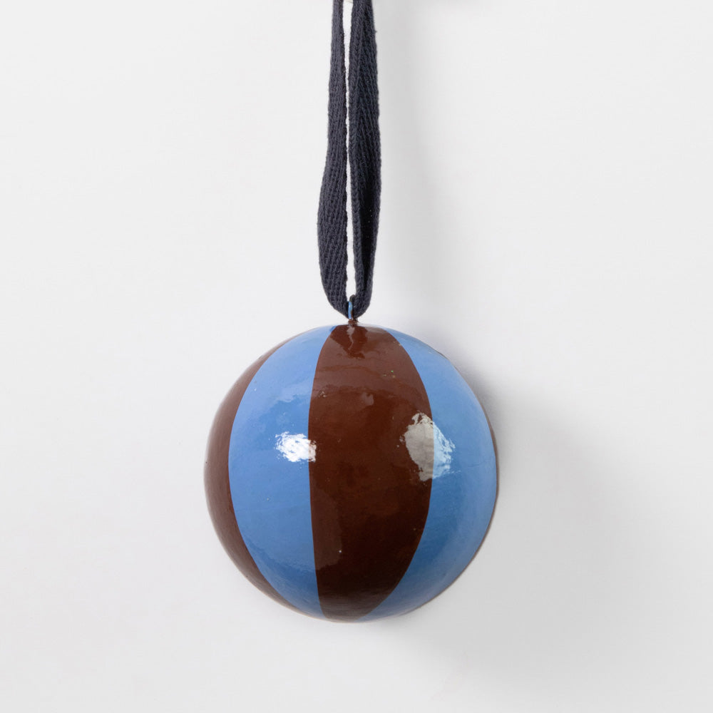 blue & brown stripe hanging christmas tree bauble with navy cotton hanging loop