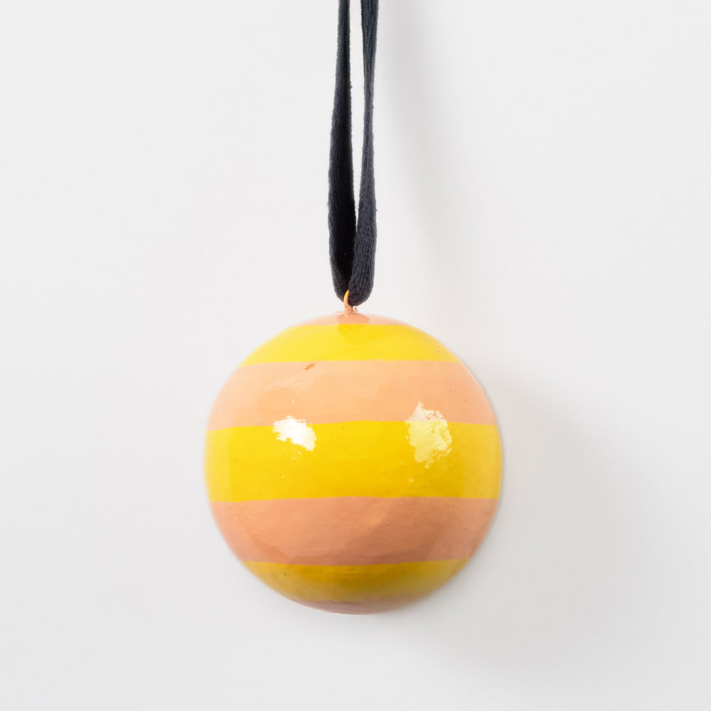pink & yellow horizontal stripe hanging christmas tree bauble with navy cotton hanging loop