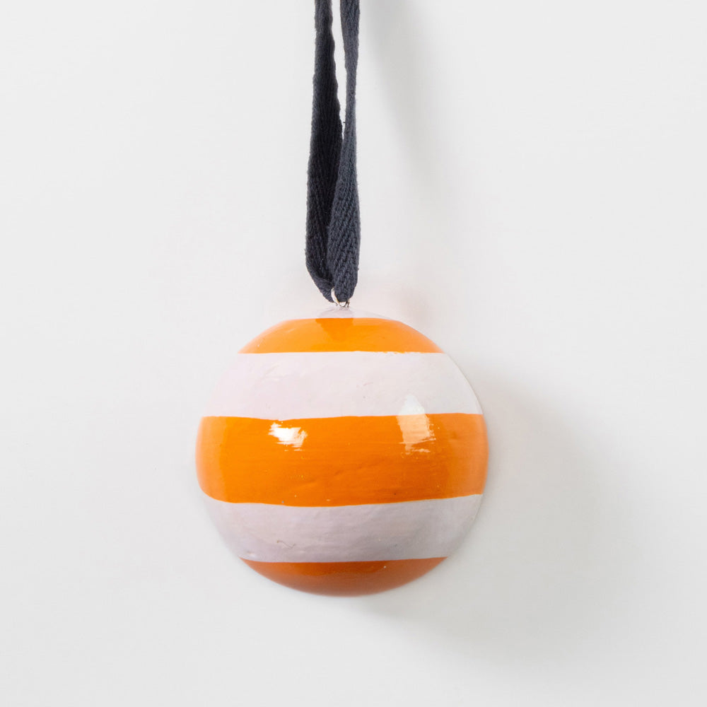 lilac & orange horizontal stripe hanging christmas tree bauble with navy cotton hanging loop