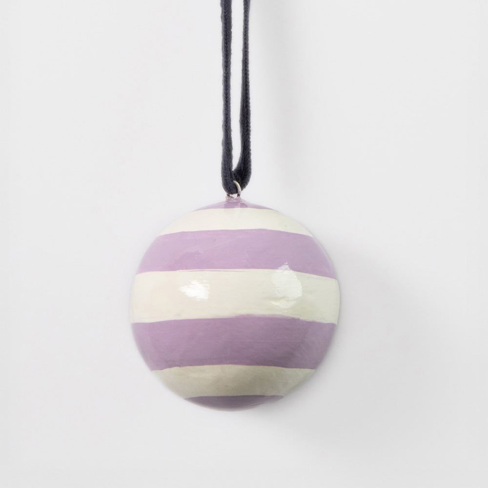 lilac & white horizontal stripe hanging christmas tree bauble with navy cotton hanging loop