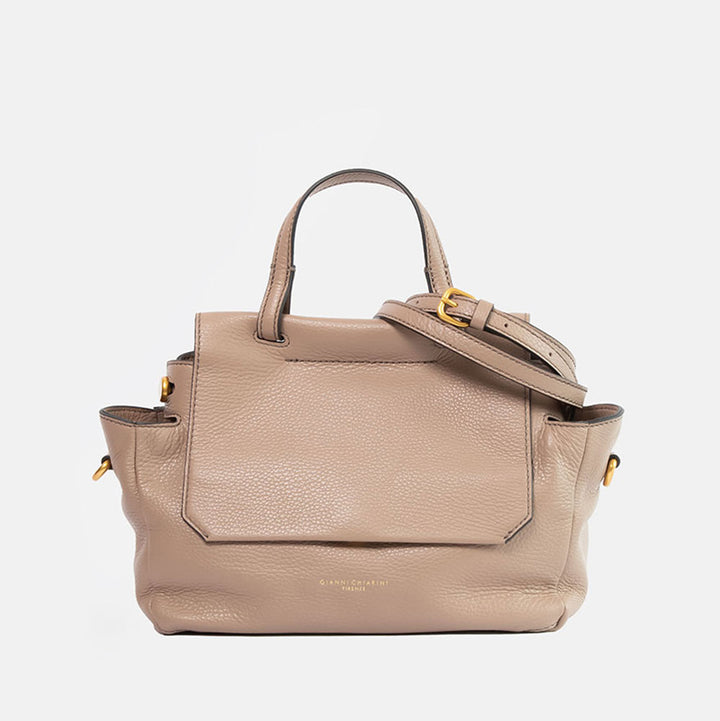 light grey pebbled leather handbag with top shoulder handle and matching leather crossbody strap