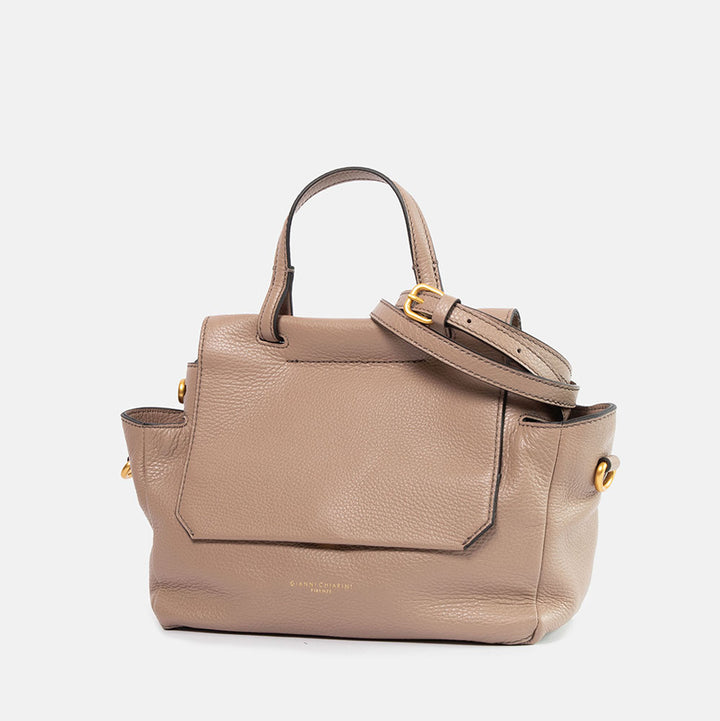 light grey pebbled leather handbag with top shoulder handle and matching leather crossbody strap