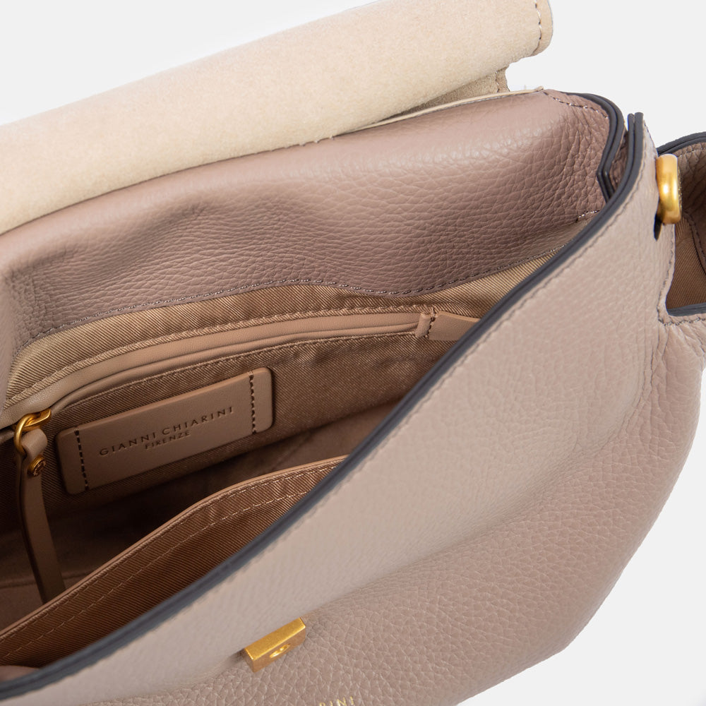 light grey pebbled leather handbag with canvas lined internal compartment
