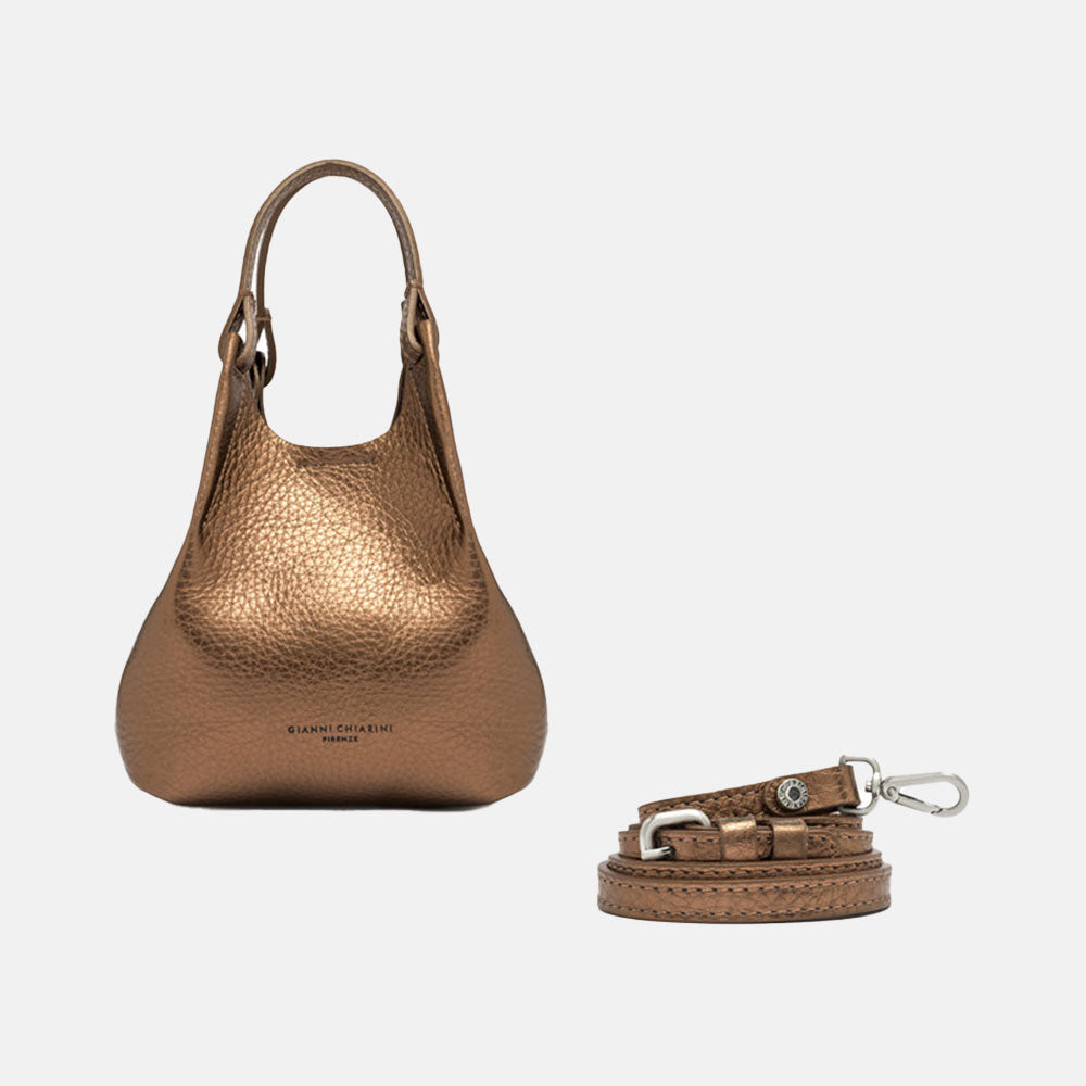 metallic bronze leather handbag with grab handles and detachable crossbody strap 