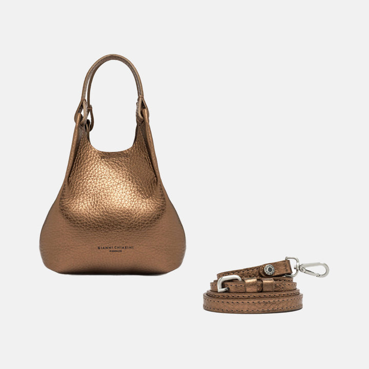 metallic bronze leather handbag with grab handles and detachable crossbody strap 