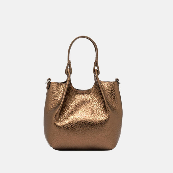 metallic bronze leather handbag with grab handles