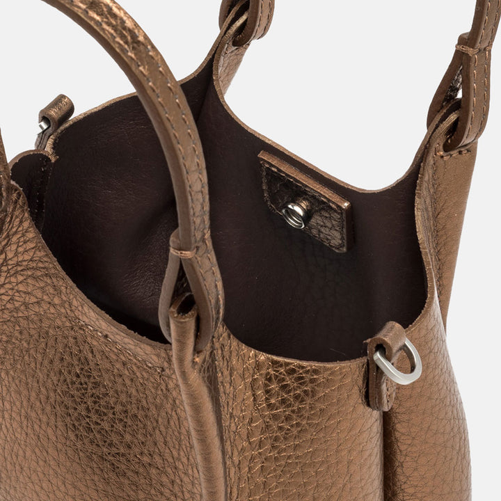 metallic bronze leather handbag with unlined internal compartment