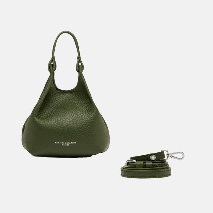 dark green pebbled leather handbag with grab handles and detachable crossbody strap 