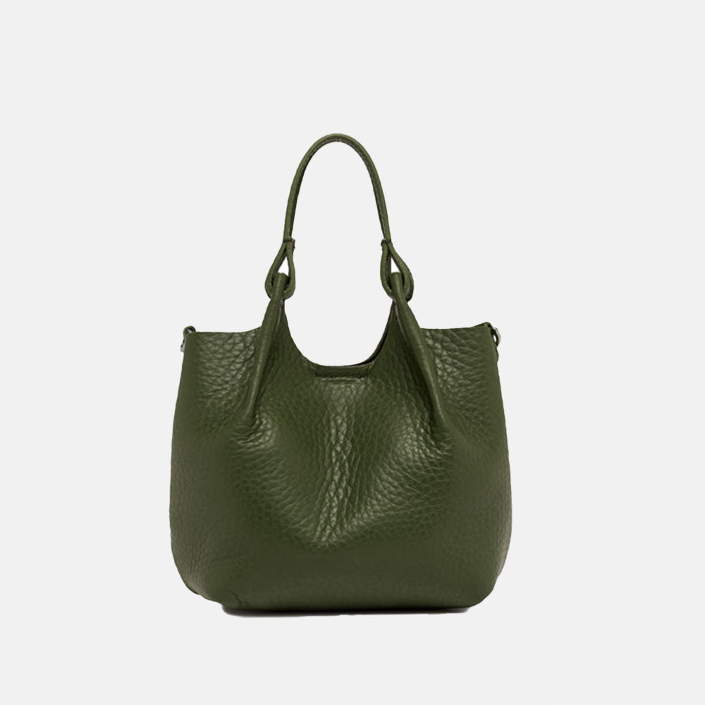 dark green pebbled leather handbag with grab handles