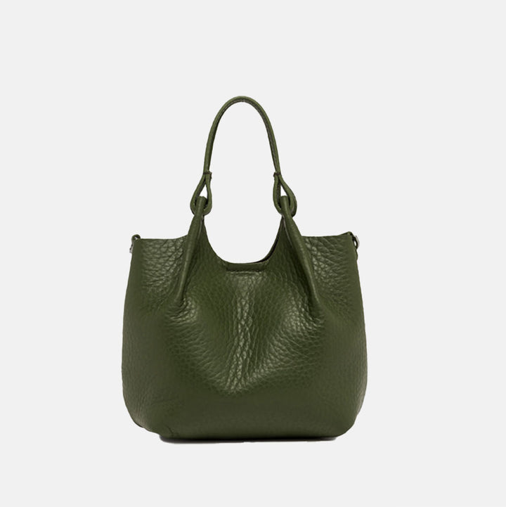 dark green pebbled leather handbag with grab handles