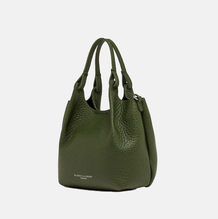 dark green pebbled leather handbag with grab handles