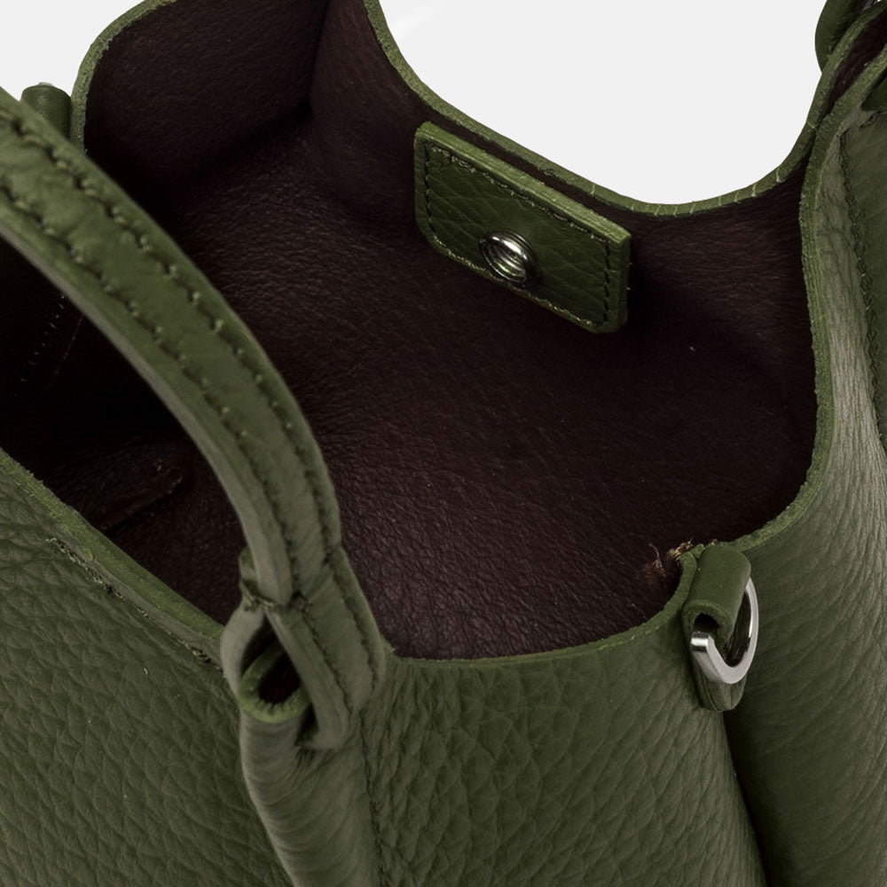 dark green pebbled leather handbag with unlined internal compartment