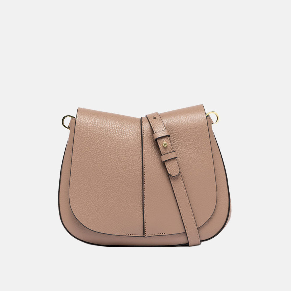 dove grey pebbled leather saddle handbag with crossbody strap