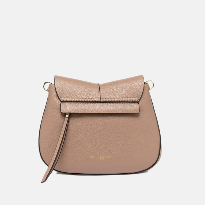 dove grey pebbled leather saddle handbag with back zip pocket
