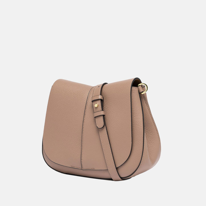 dove grey pebbled leather saddle handbag with crossbody strap