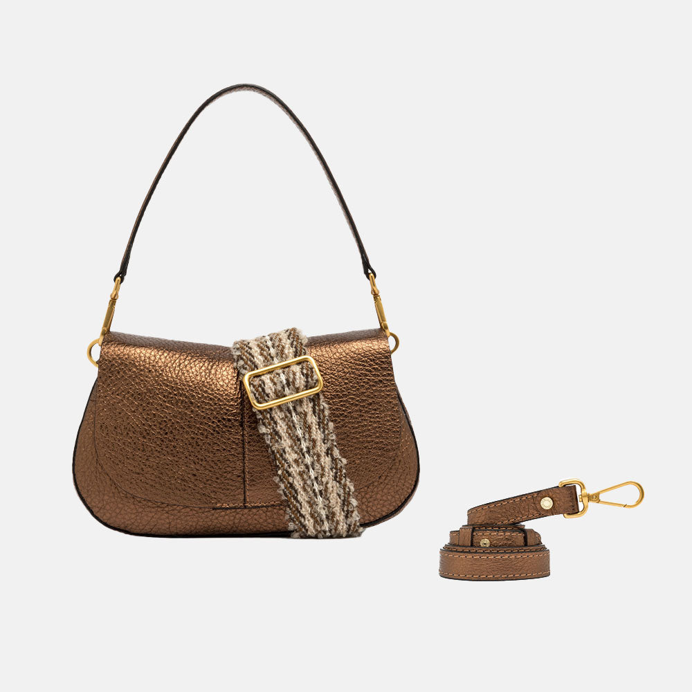 metallic bronze leather baguette shape saddle bag with webbing shoulder strap and spare matching leather strap
