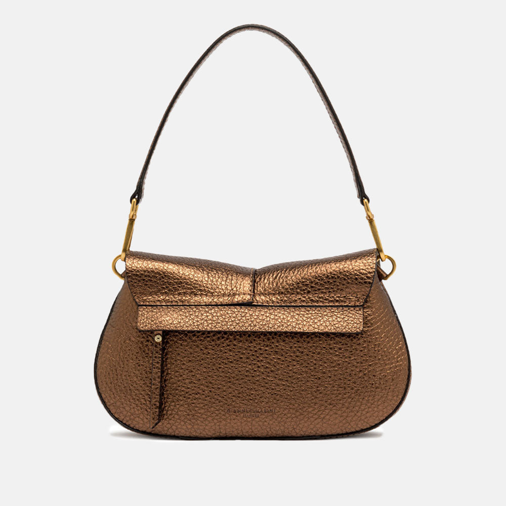 metallic bronze leather baguette shape saddle bag with back zip pocket