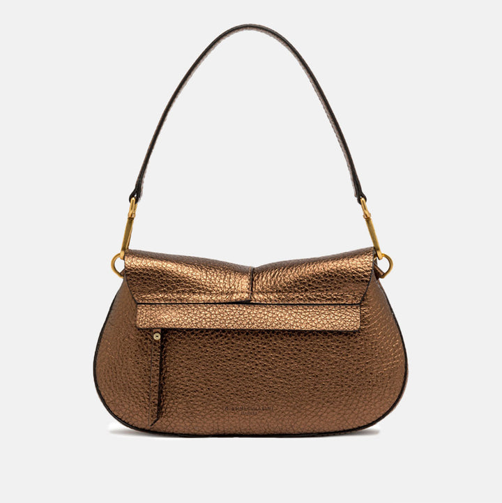 metallic bronze leather baguette shape saddle bag with back zip pocket