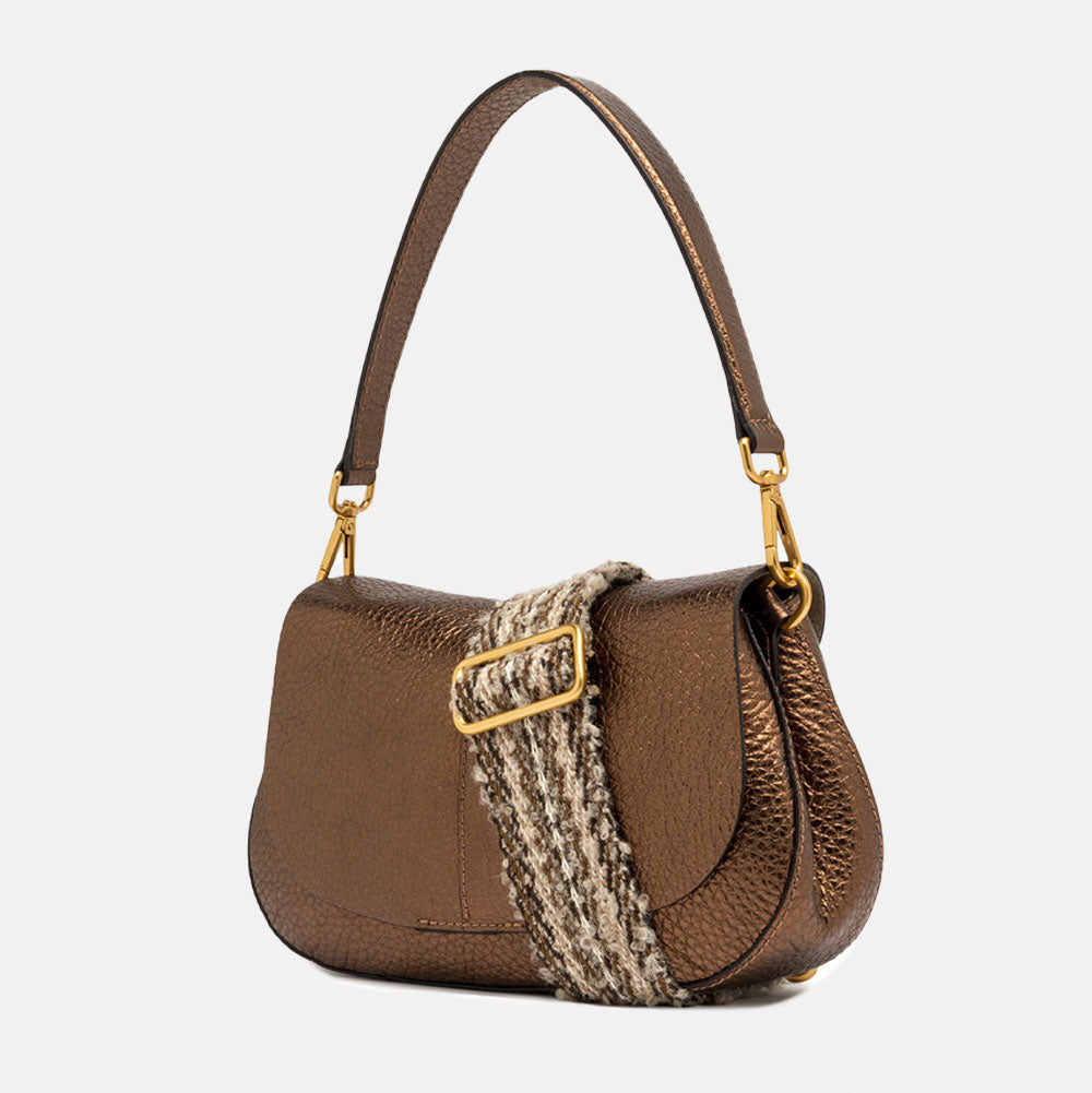 metallic bronze leather baguette shape saddle bag with webbing shoulder strap 