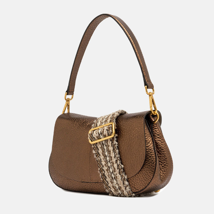 metallic bronze leather baguette shape saddle bag with webbing shoulder strap 