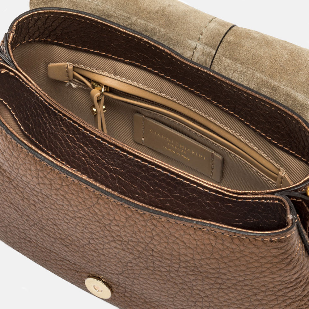 metallic bronze leather baguette shape saddle bag with canvas lined internal compartment