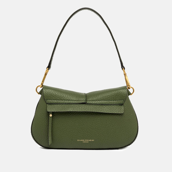 dark green pebbled leather baguette saddle bag with zip pocket on back