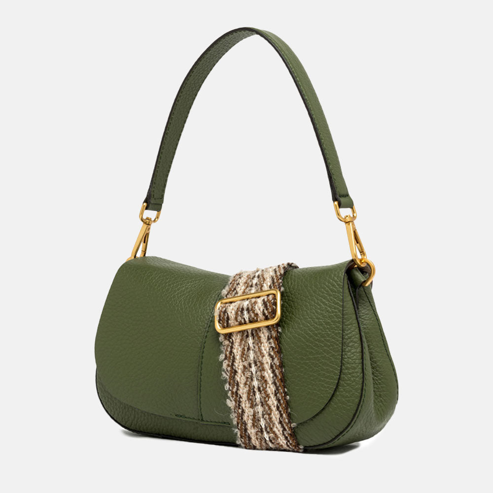 dark green pebbled leather baguette saddle bag with grab handle, webbing crossbody strap