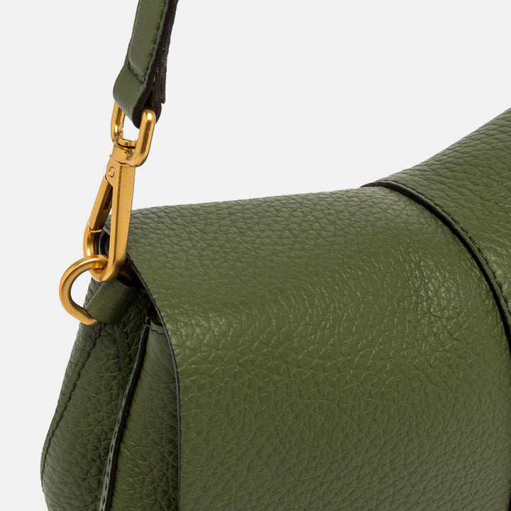 dark green pebbled leather baguette saddle bag with gold hardware