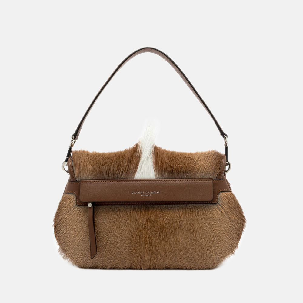 brown & cream springbok leather baguette shaped saddle bag with concealed back zip pocket