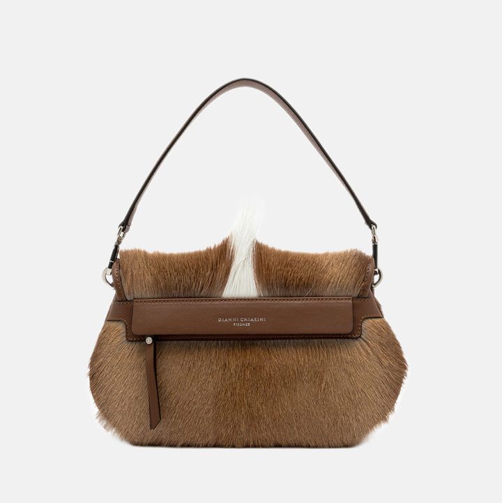 brown & cream springbok leather baguette shaped saddle bag with concealed back zip pocket